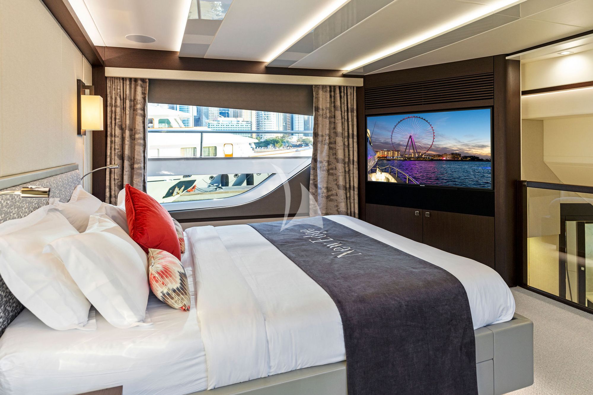NEW EDGE Sunseeker 95 - master cabin bed and TV